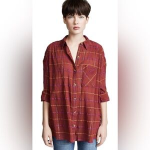Free People Women's Sz S Red and Purple Plaid Button-Up Shirt